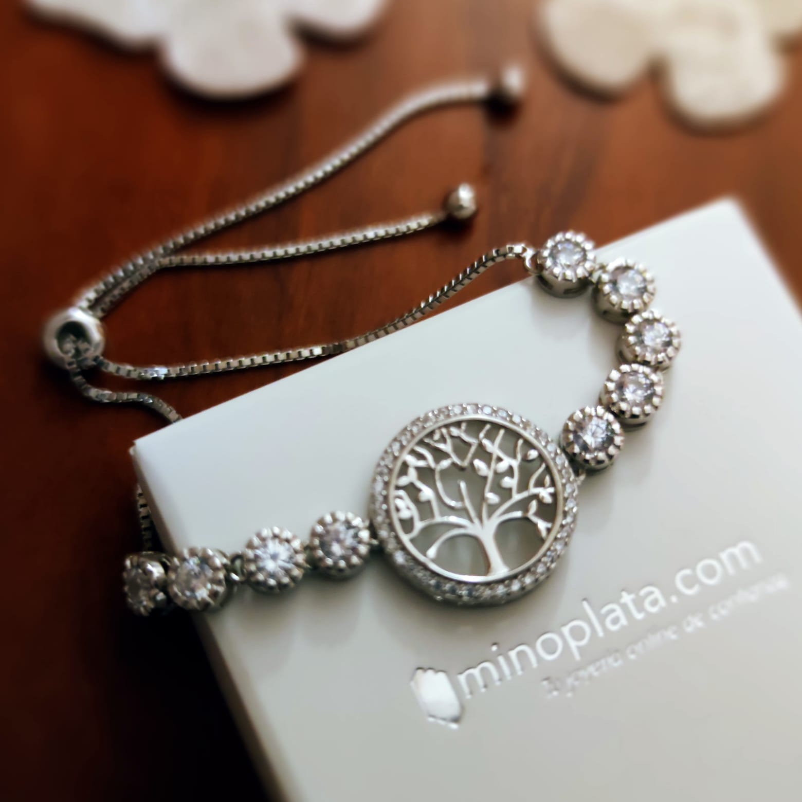 Pulsera ajustable Árbol de la vida Plata de ley con Circonitas