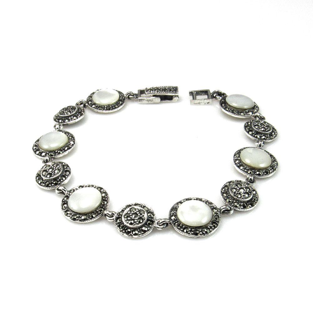 Pulsera de Plata vieja círculos decorados con Nácar y Marcasitas