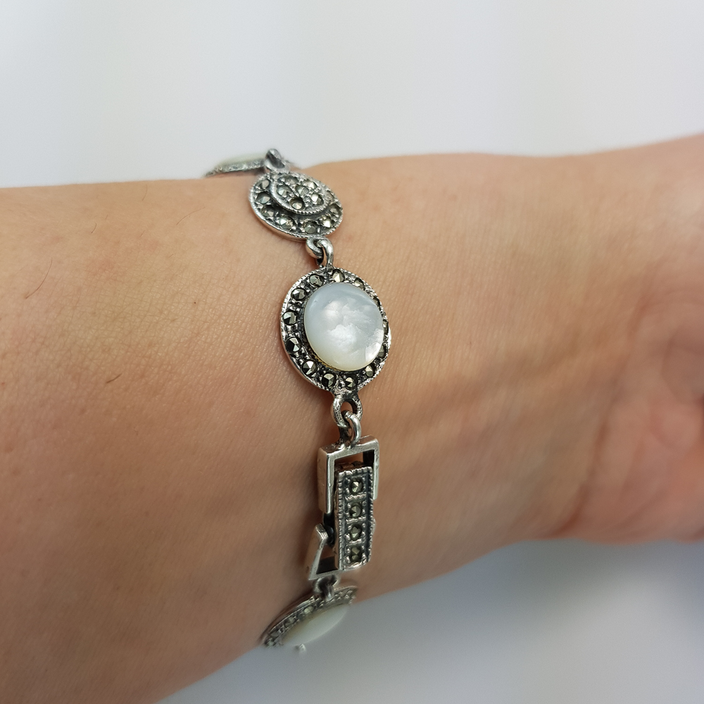 Pulsera de Plata vieja círculos decorados con Nácar y Marcasitas 2