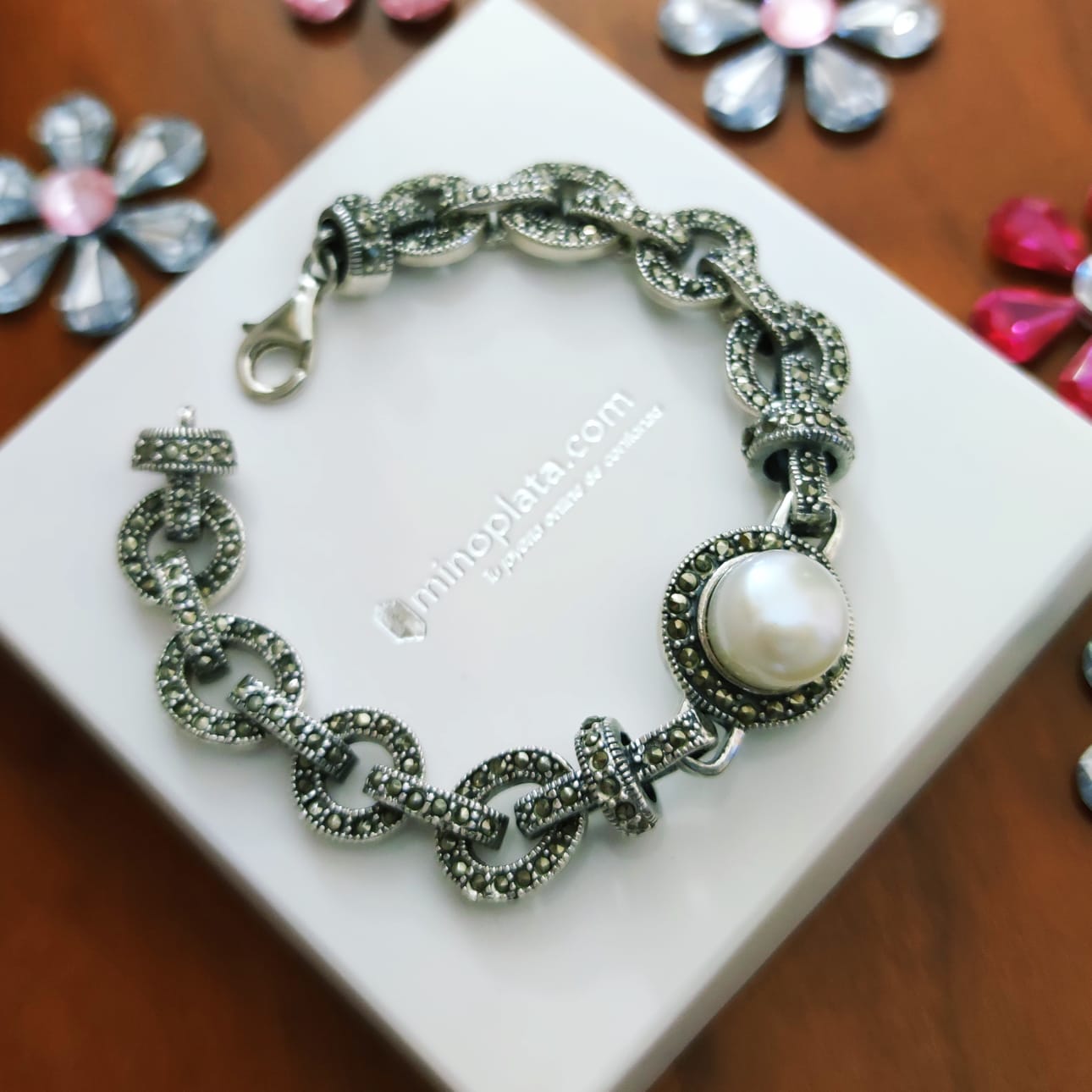 Pulsera de Plata vieja con Marquesitas y Perla cultivada