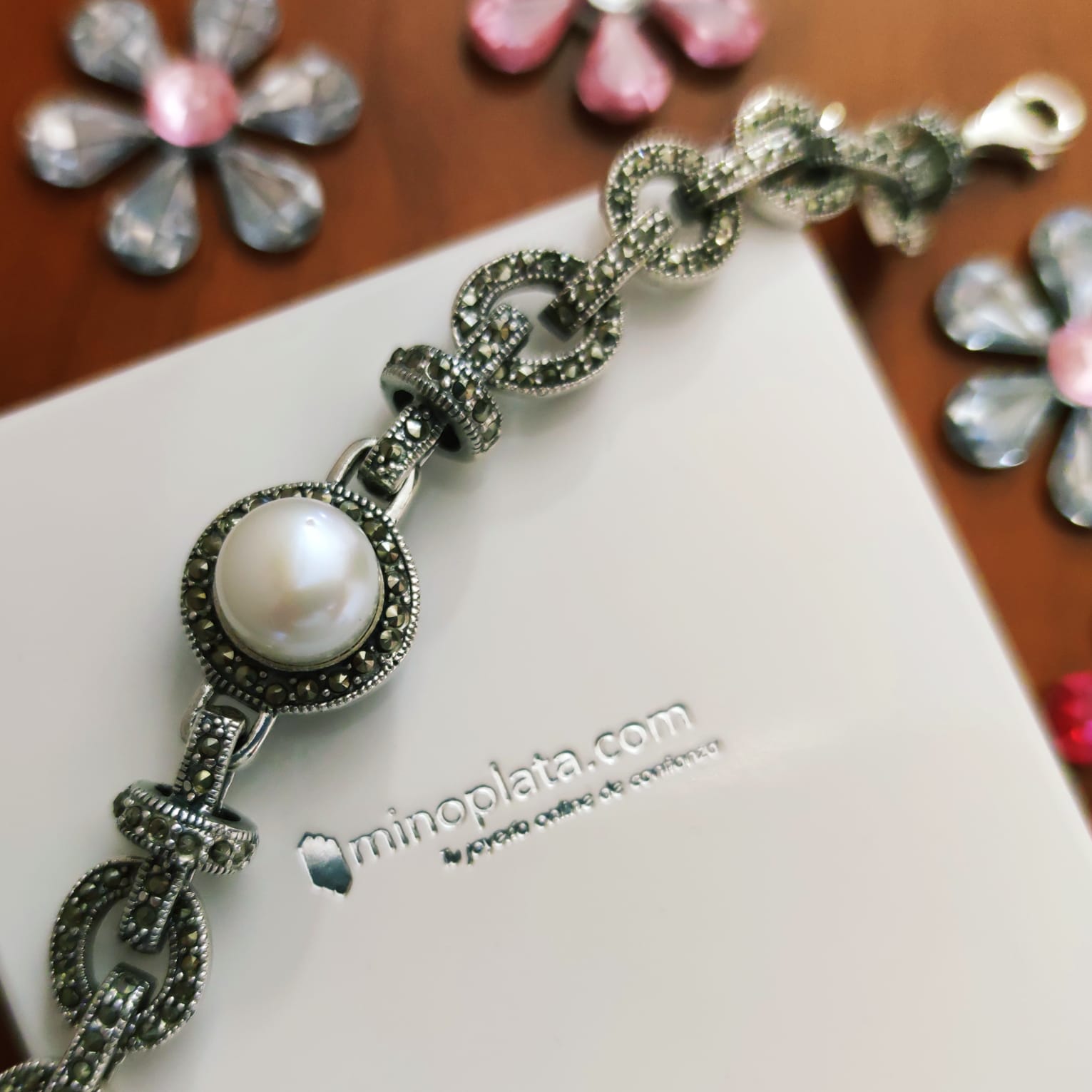 Pulsera de Plata vieja con Marquesitas y Perla cultivada 2
