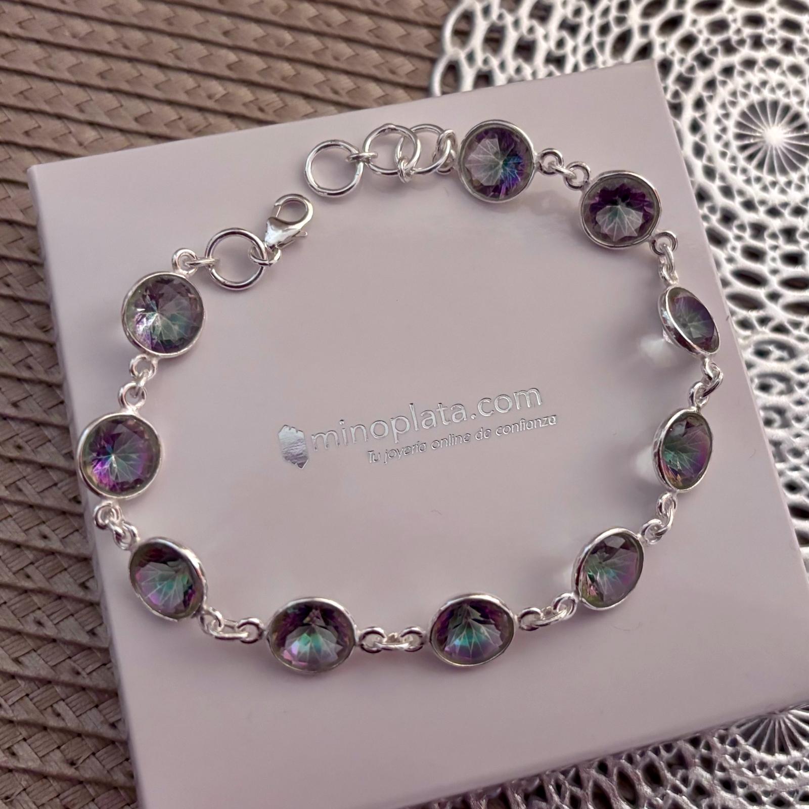 Pulsera círculos 10mm de Plata de ley con piedra natural Topacio Místico