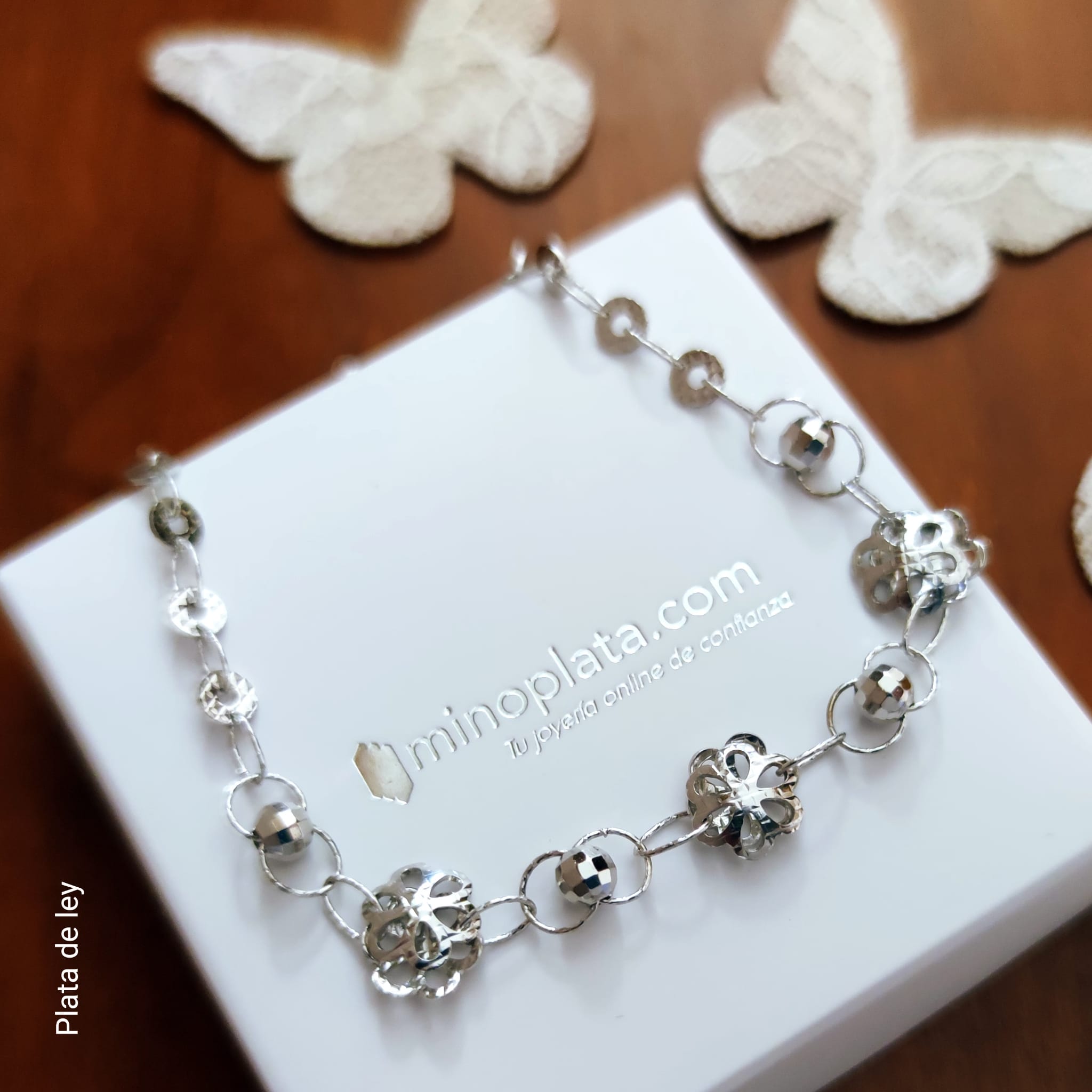 Pulsera flores y bolitas de Plata de ley rodiada 2