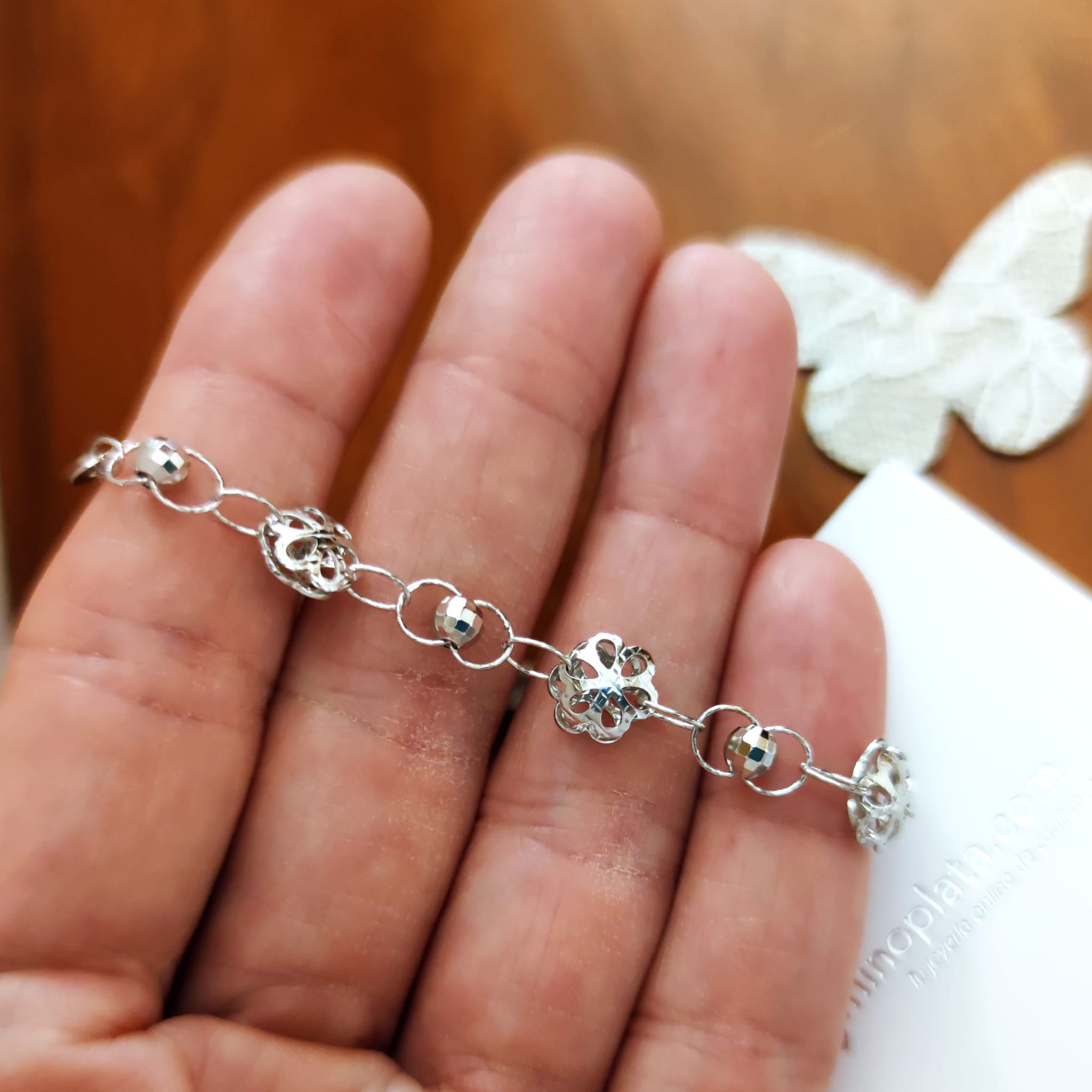 Pulsera flores y bolitas de Plata de ley rodiada 3