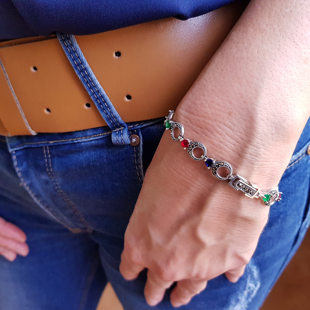 Pulsera de Plata vieja con Marcasitas y piedras de colores 1