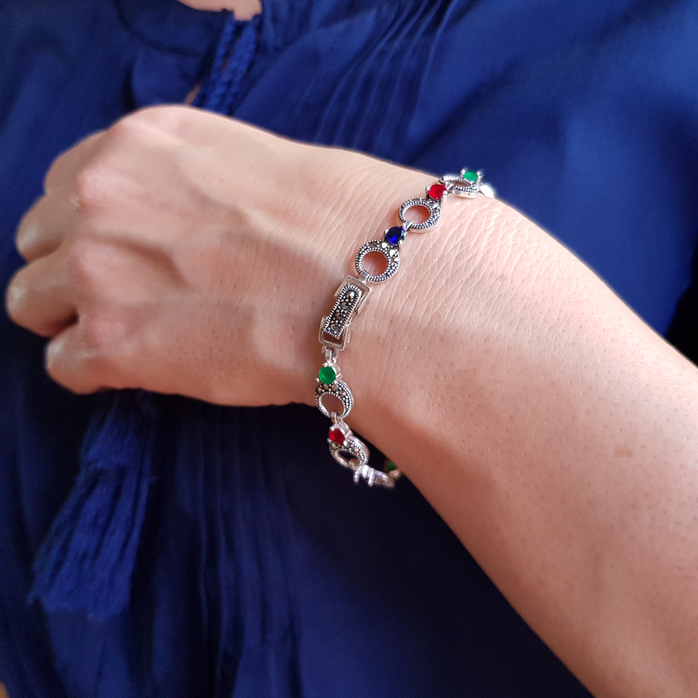 Pulsera de Plata vieja con Marcasitas y piedras de colores 2
