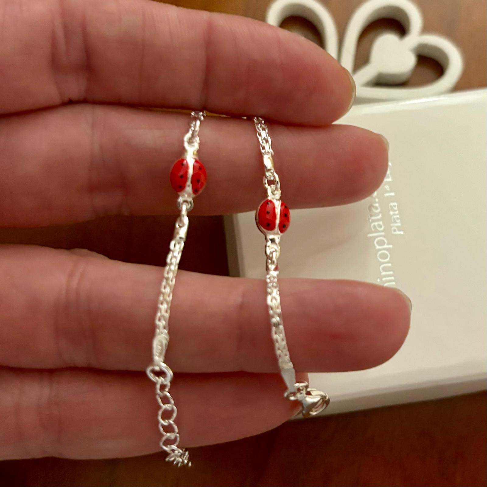 Pulsera infantil mariquitas rojas en Plata de ley 925