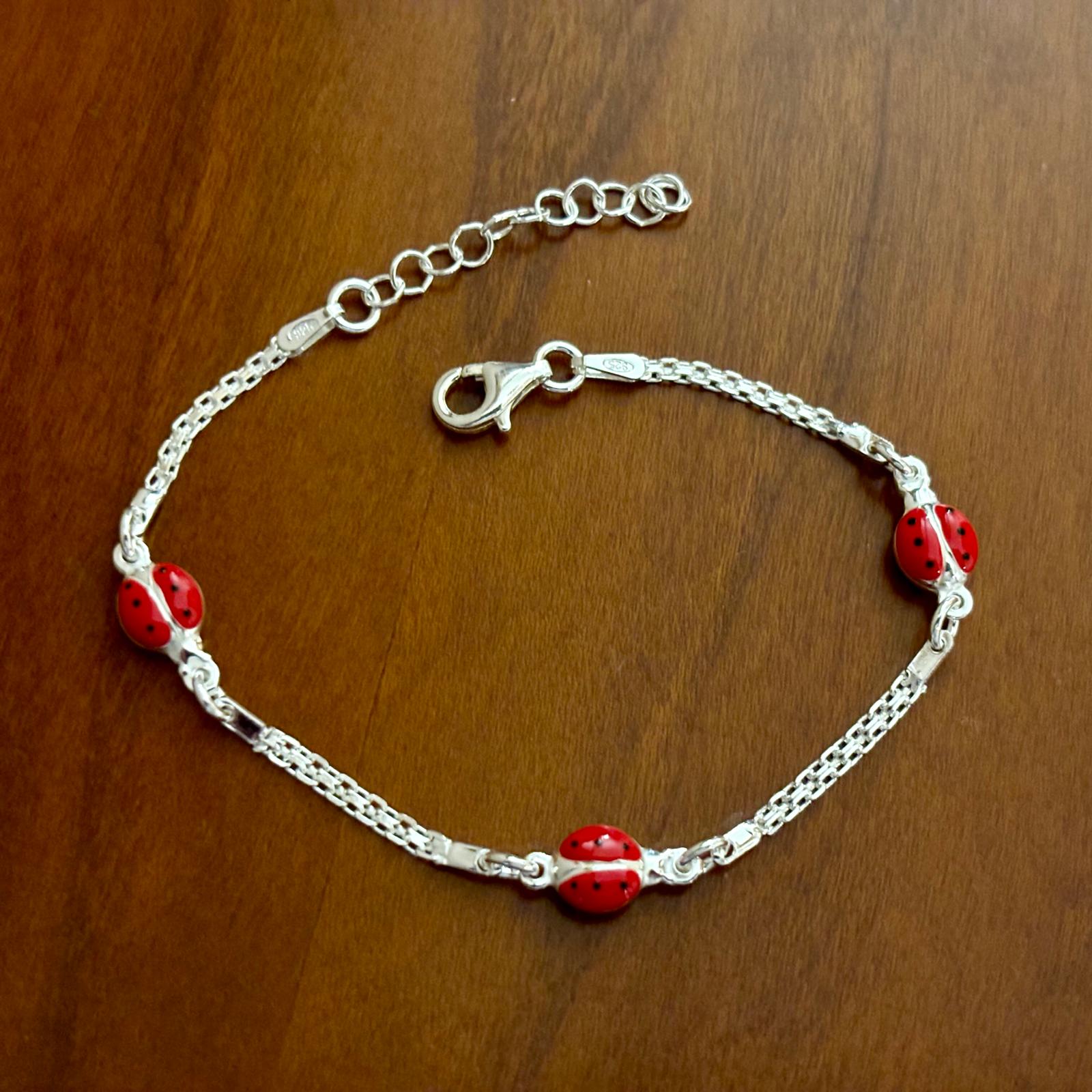 Pulsera infantil mariquitas rojas en Plata de ley 925 3