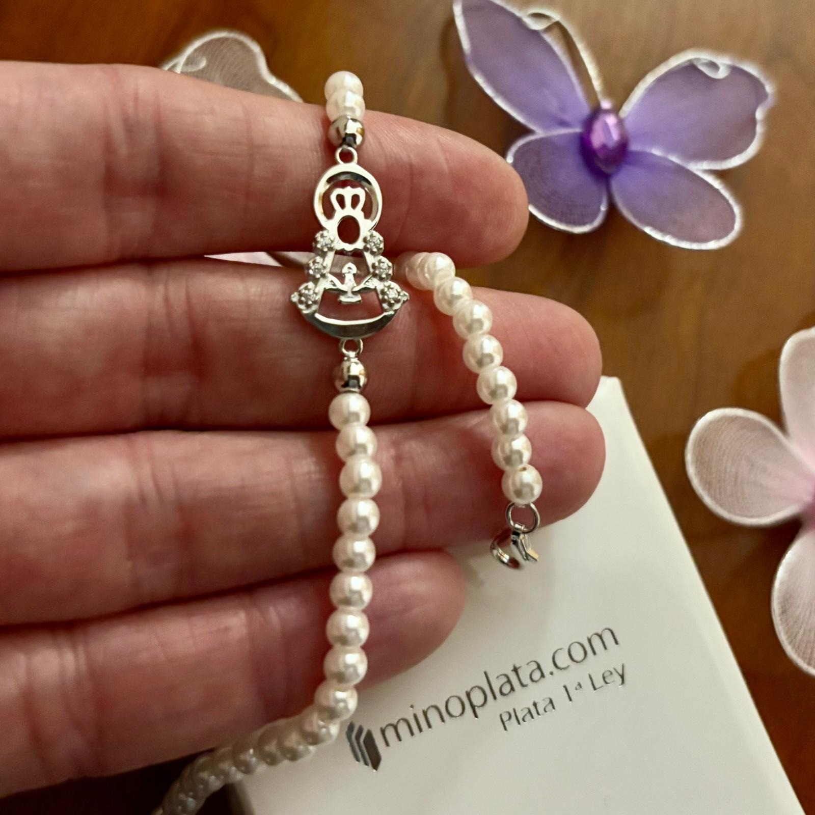 Pulsera Virgen del Rocío de Plata de ley rodiada con Perlas cultivadas 1