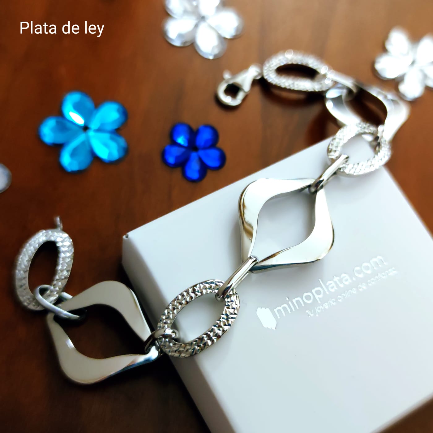 Pulsera eslabones lisos y tallados de Plata de ley rodiada 3