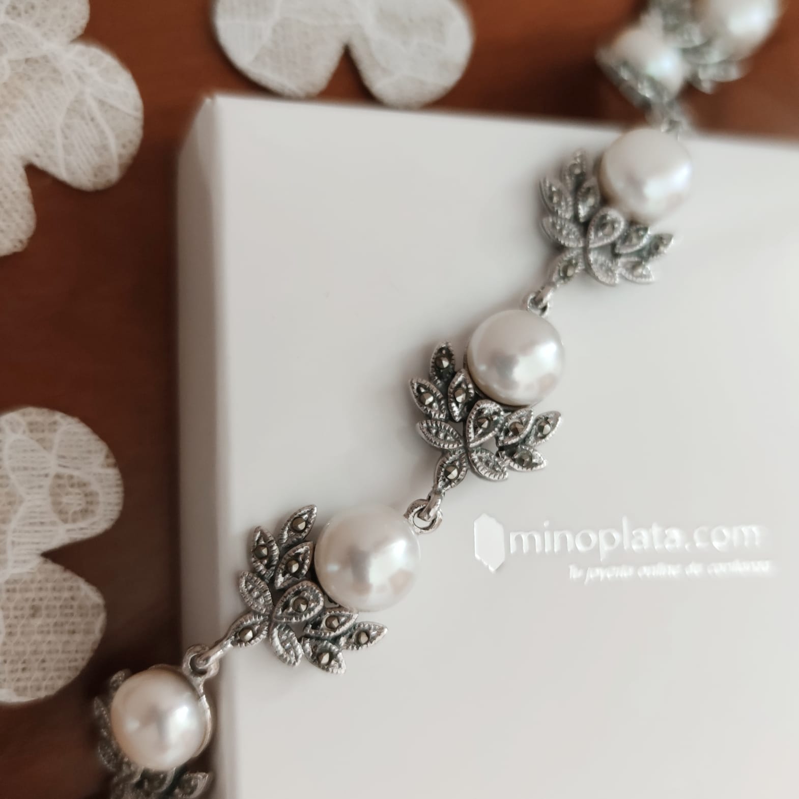 Pulsera Perlas y Plata de ley envejecida con piedras Marcasitas