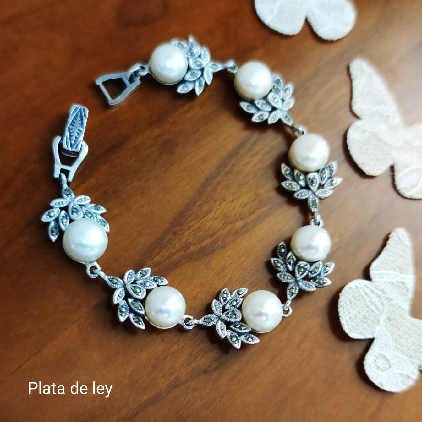 Pulsera Perlas y Plata de ley envejecida con piedras Marcasitas 1