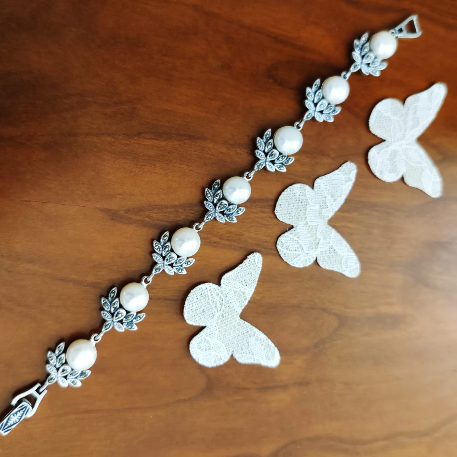 Pulsera Perlas y Plata de ley envejecida con piedras Marcasitas 2
