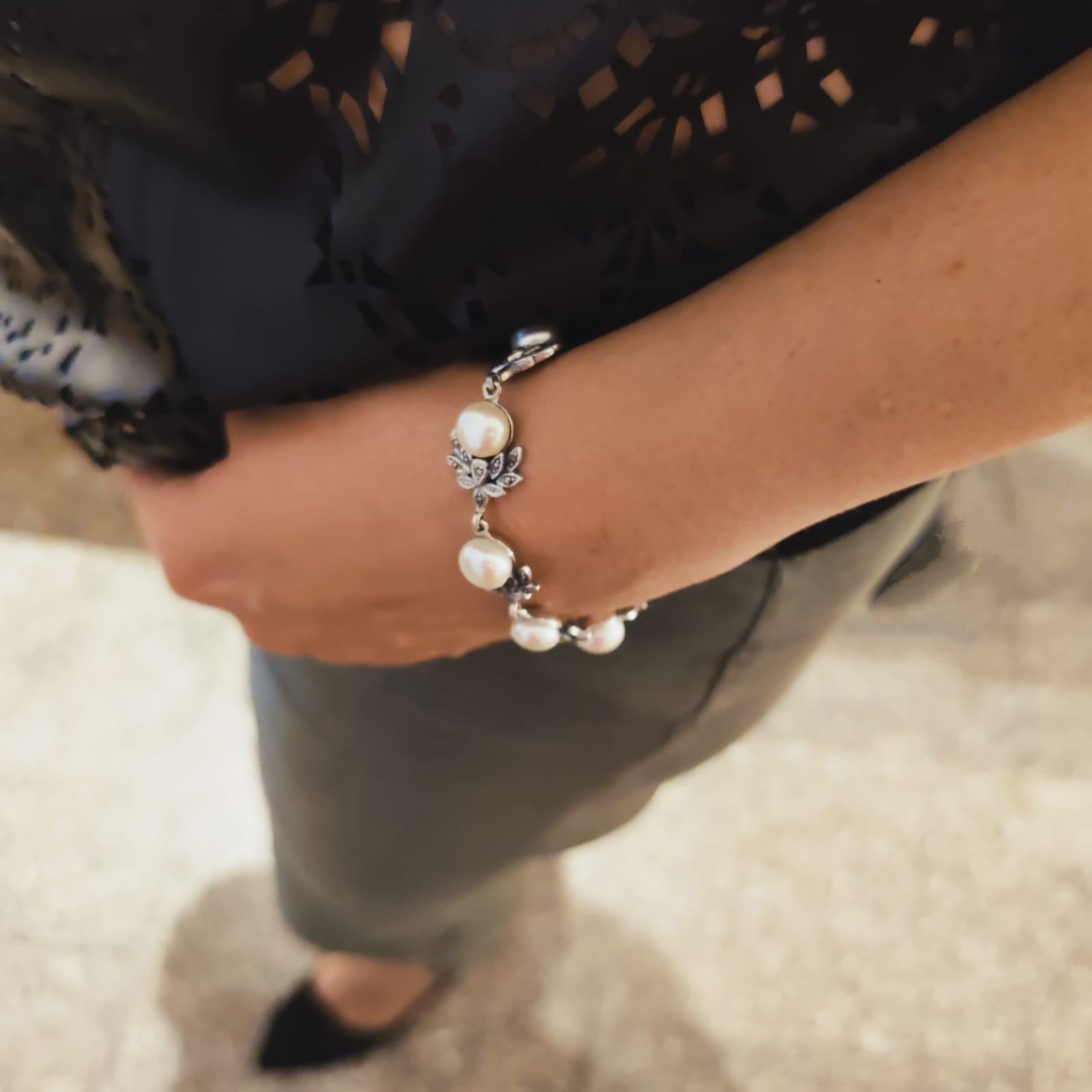 Pulsera Perlas y Plata de ley envejecida con piedras Marcasitas 3