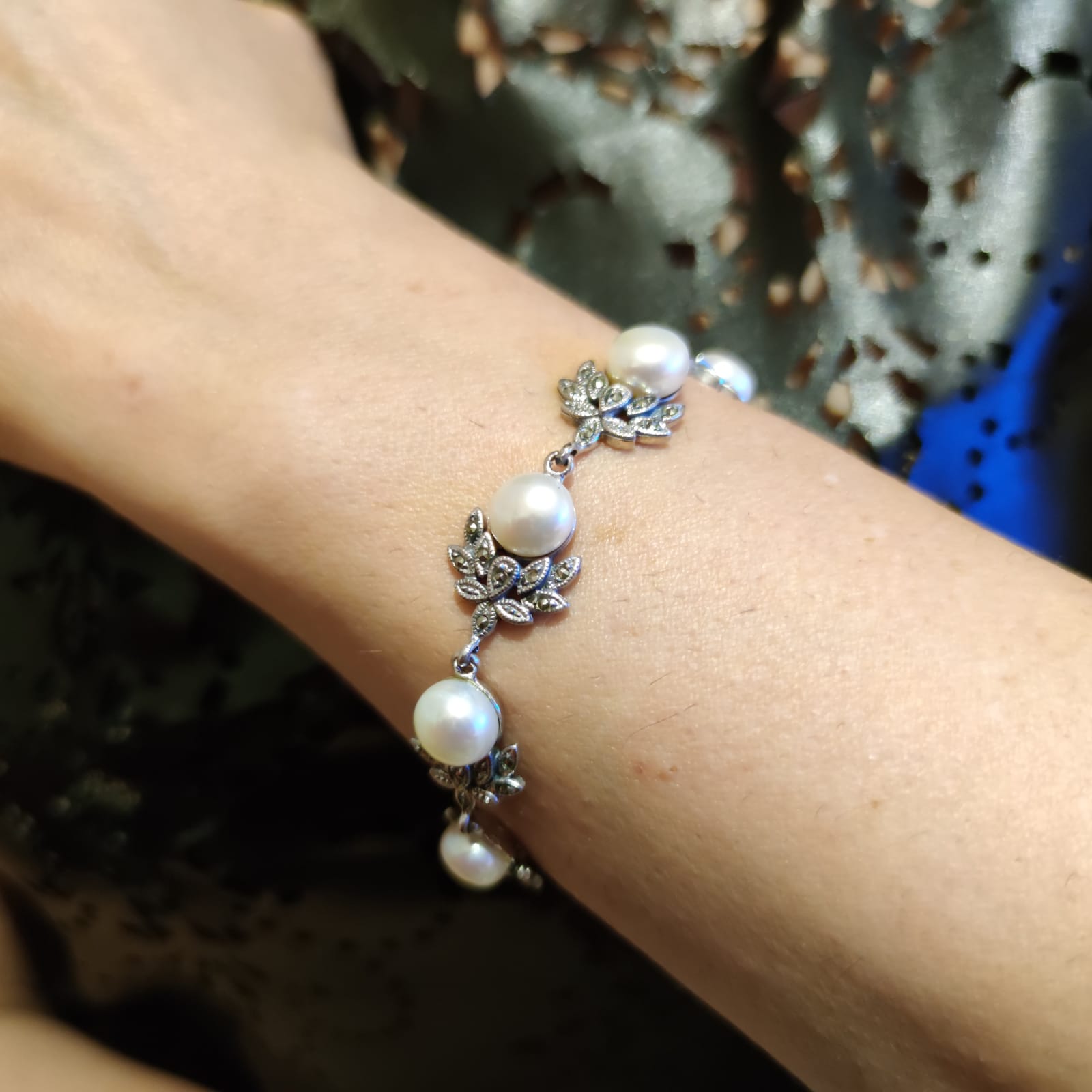 Pulsera Perlas y Plata de ley envejecida con piedras Marcasitas 4