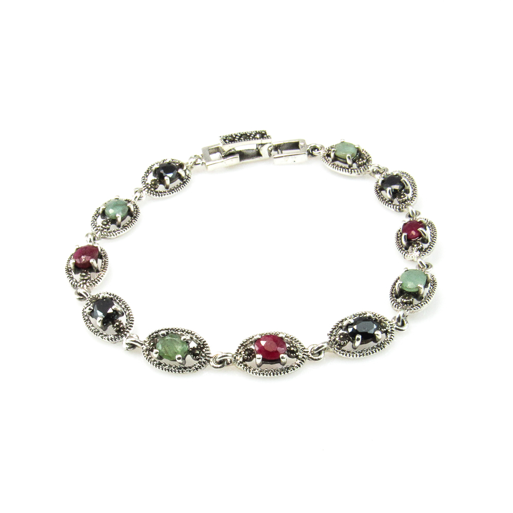 Pulsera en Plata vieja con Marcasitas y piedras color