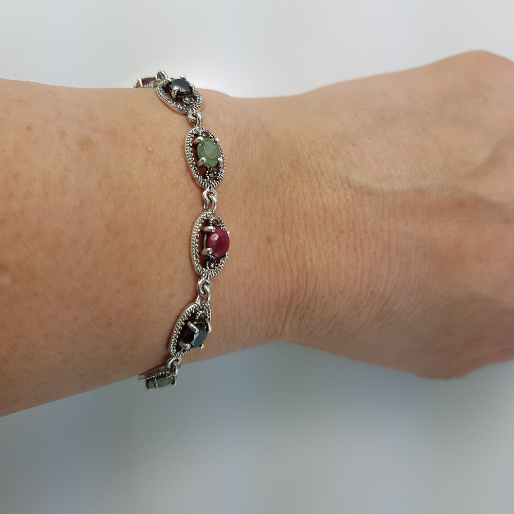 Pulsera en Plata vieja con Marcasitas y piedras color 1