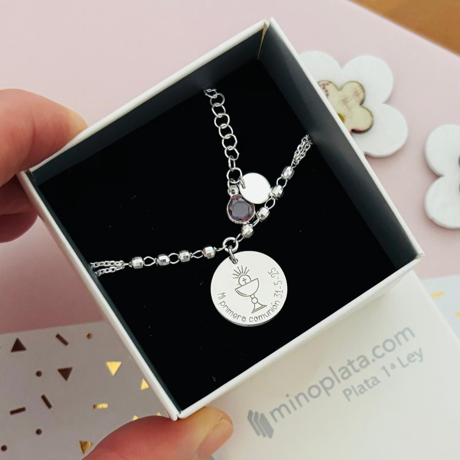 Pulsera Comunión bolitas de Plata de ley 925 con colgante Personalizado 2
