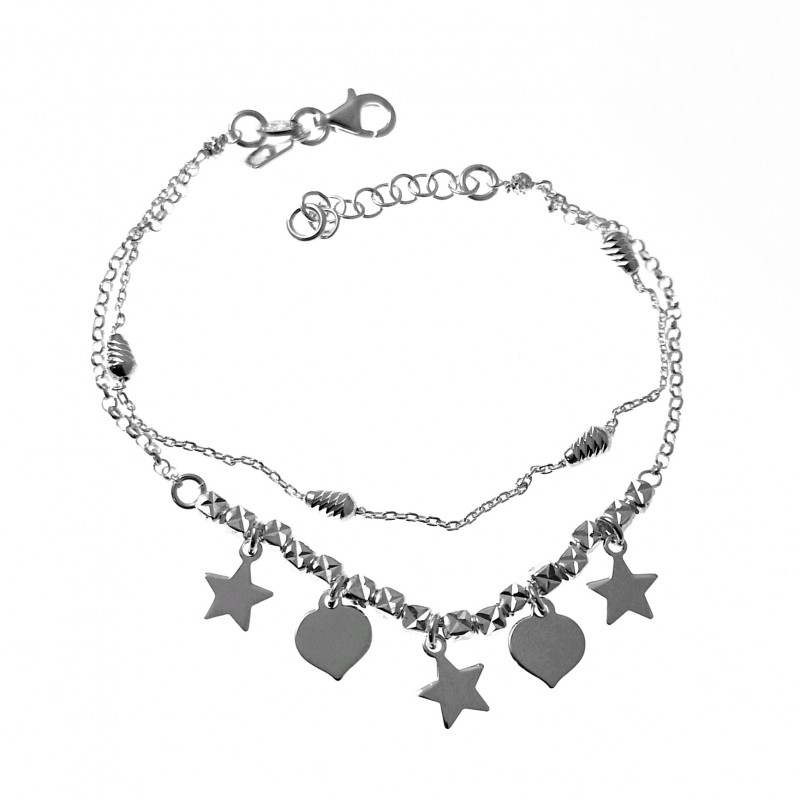 Pulsera doble cadena con estrellas y corazones colgantes Plata