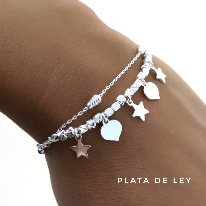 Pulsera doble cadena con estrellas y corazones colgantes Plata 1