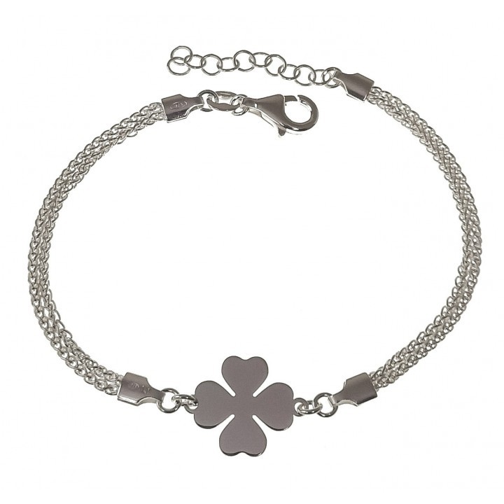 Pulsera trébol de la suerte y cadena doble de Plata de ley