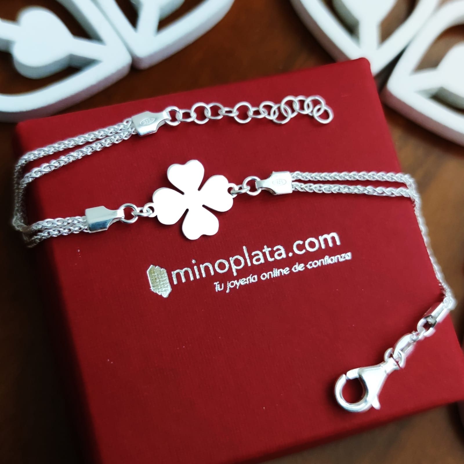 Pulsera trébol de la suerte y cadena doble de Plata de ley_1