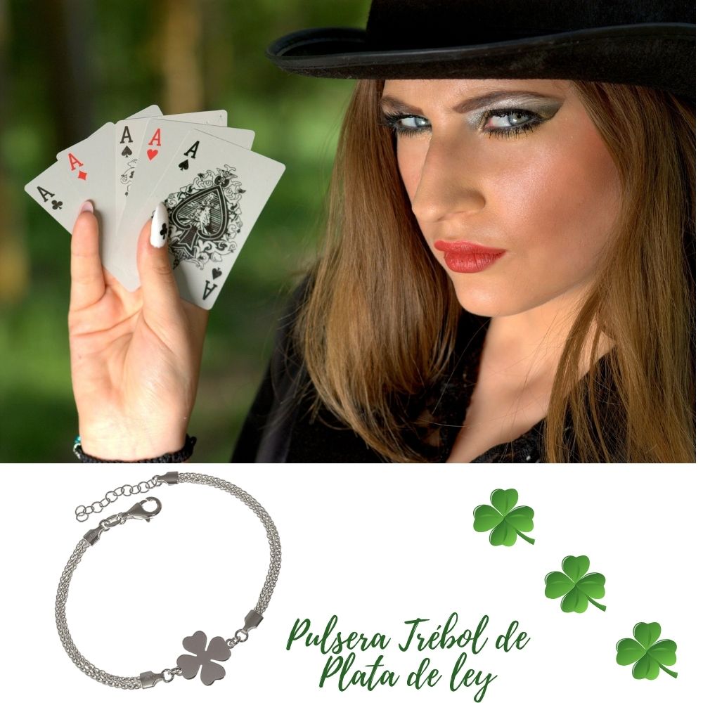 Pulsera trébol de la suerte y cadena doble de Plata de ley 4