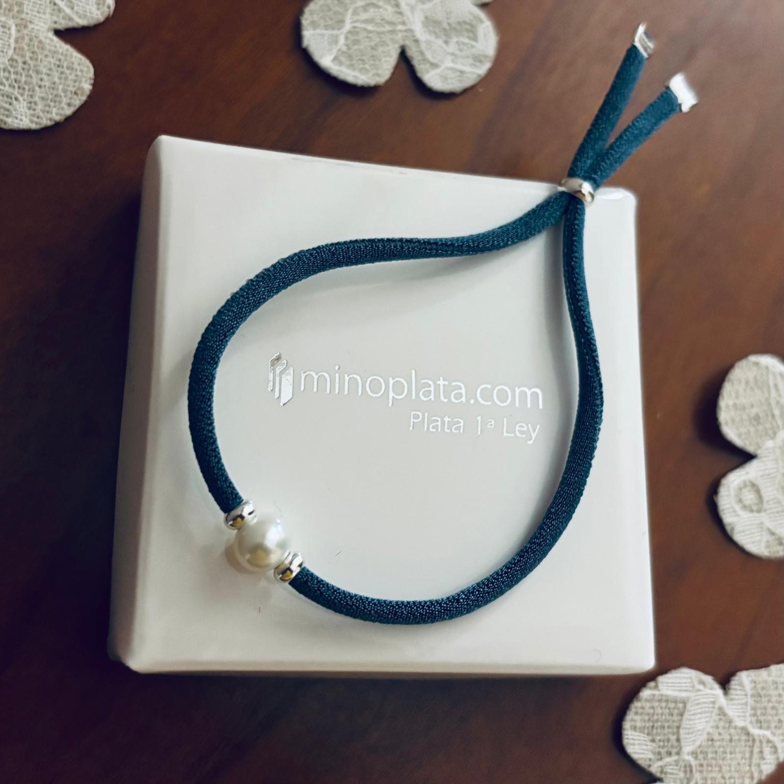 Pulsera azul elástica y ajustable con Perla cultivada y Plata de ley 925 3