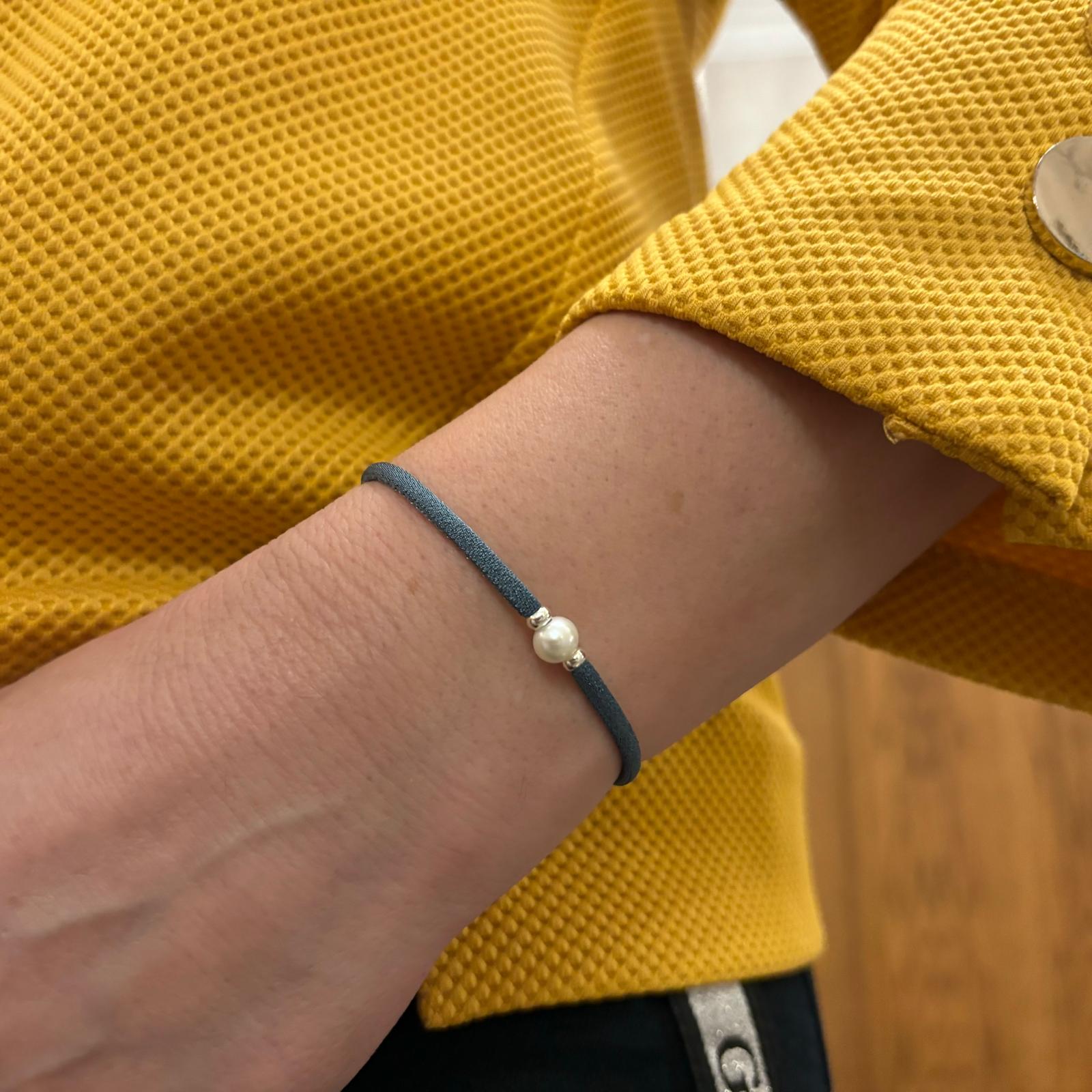 Pulsera azul elástica y ajustable con Perla cultivada y Plata de ley 925 5