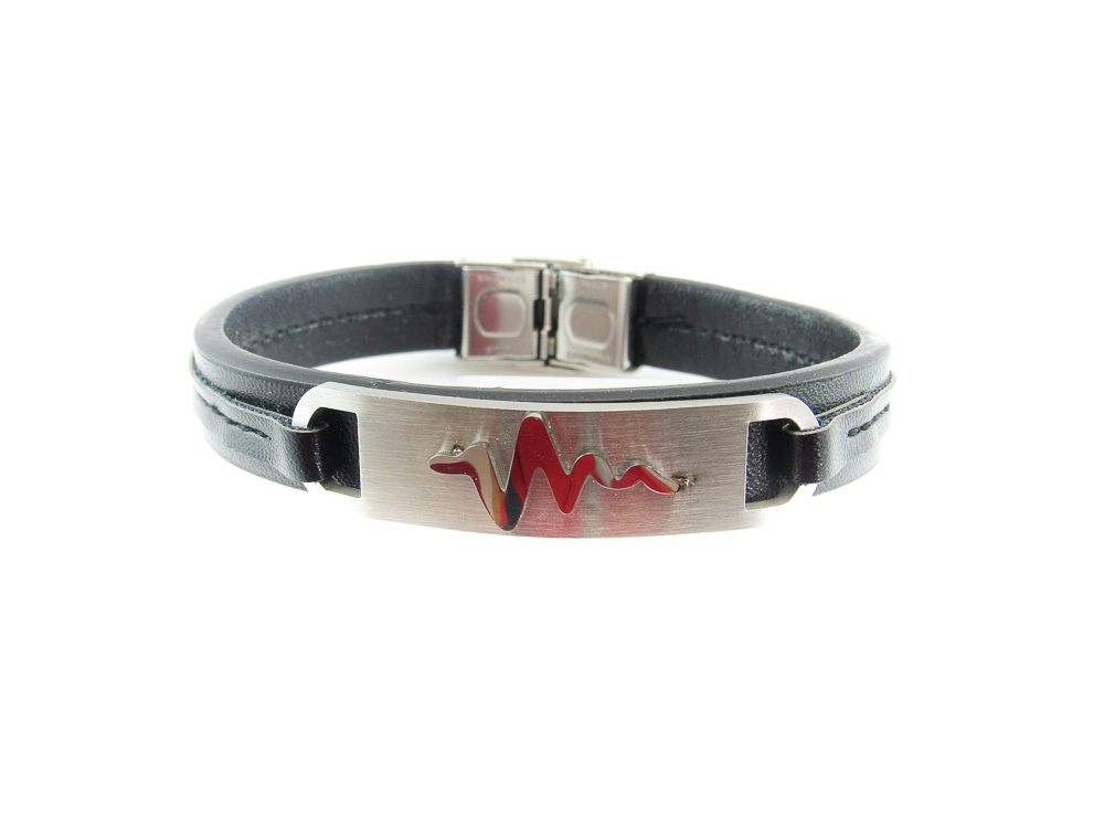 Pulsera de hombre en Piel negra y placa de Acero inoxidable