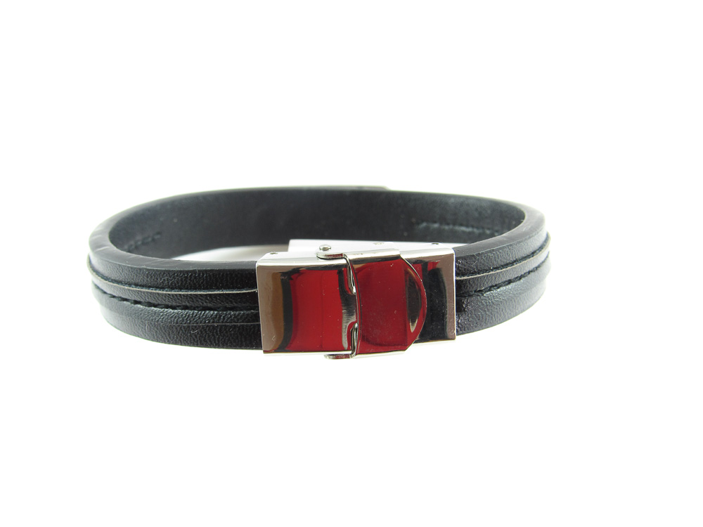 Pulsera de hombre en Piel negra y placa de Acero inoxidable 2