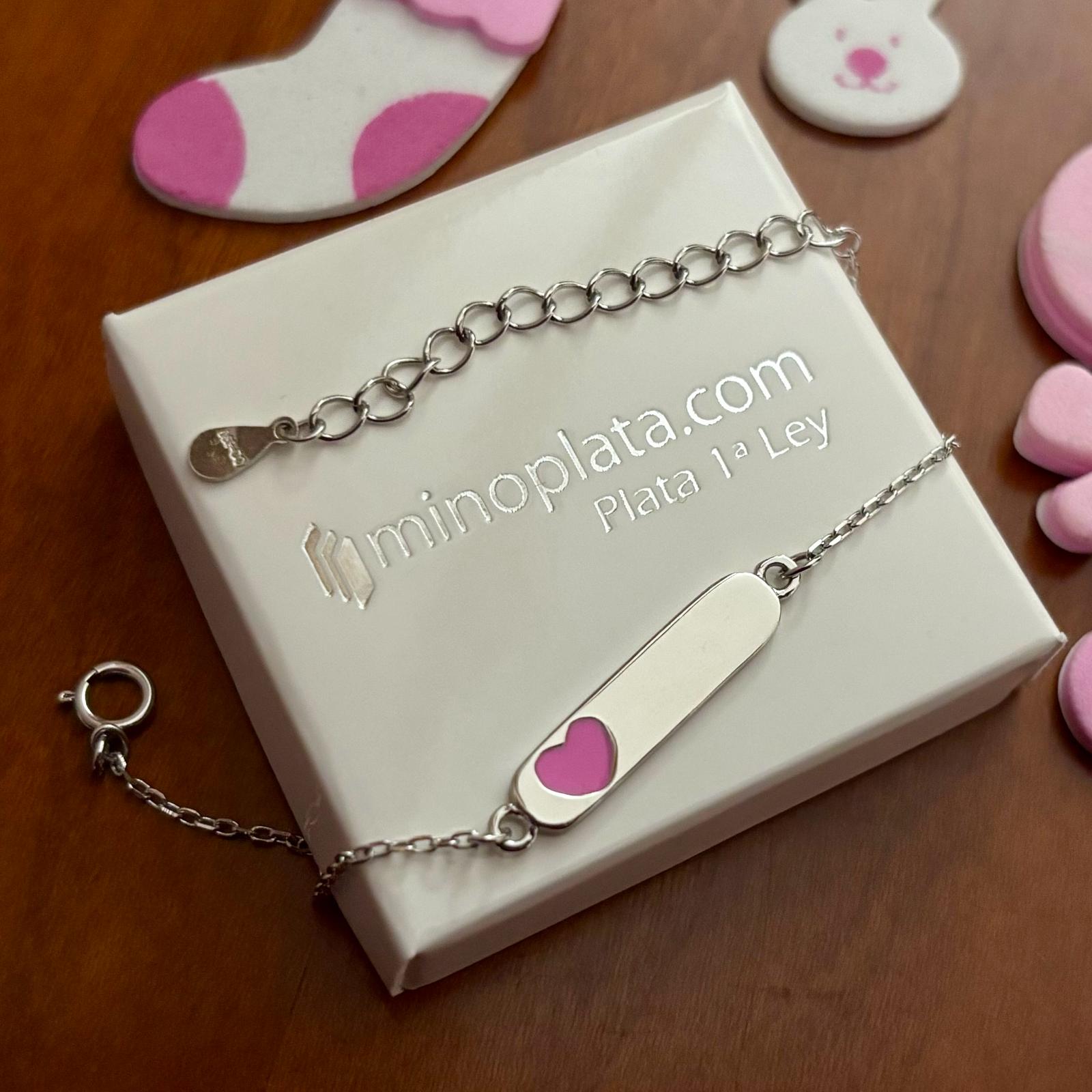 Pulsera esclava infantil corazón rosa en Plata de ley rodiada 2