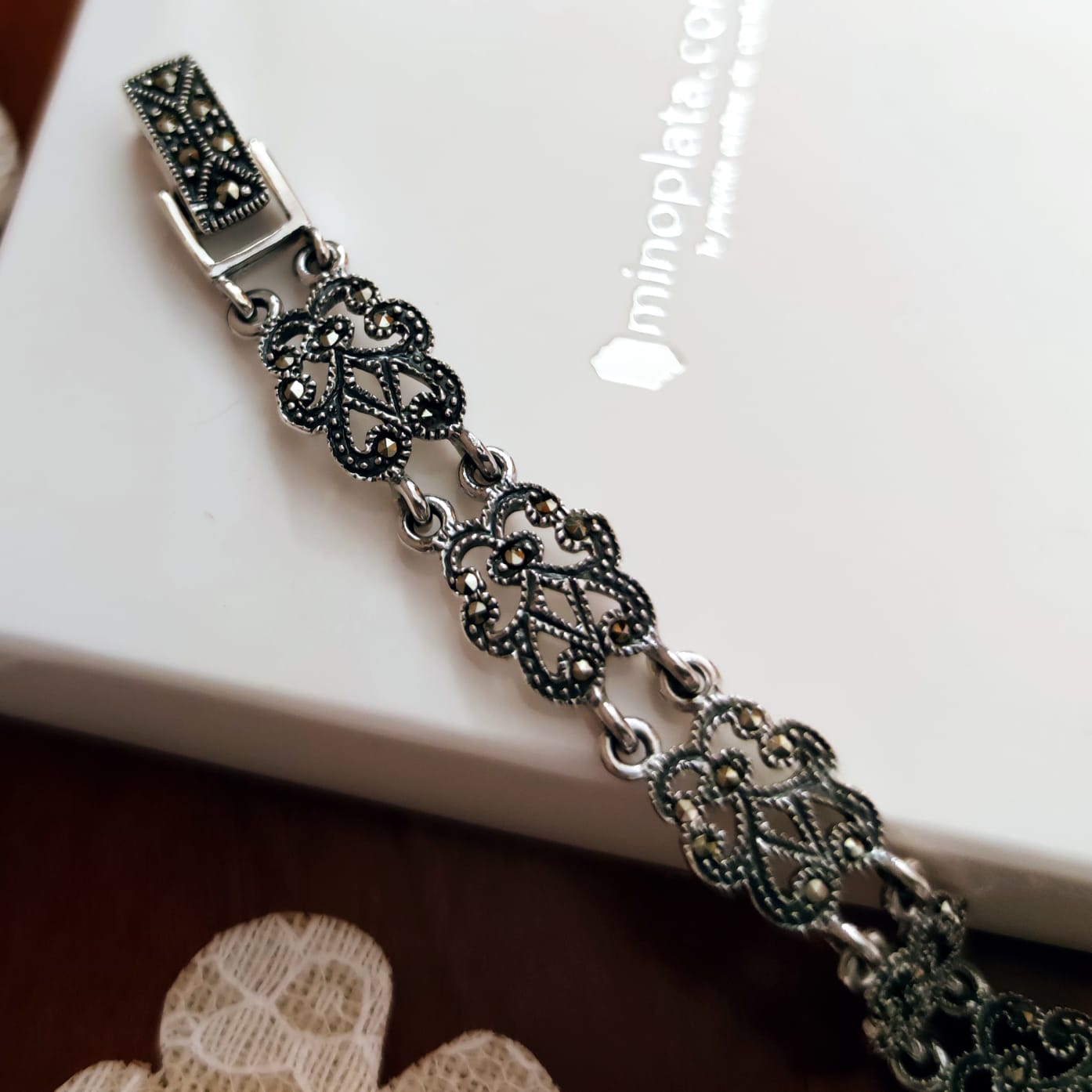 Pulsera calada de Plata envejecida con Piedras Marcasitas 2