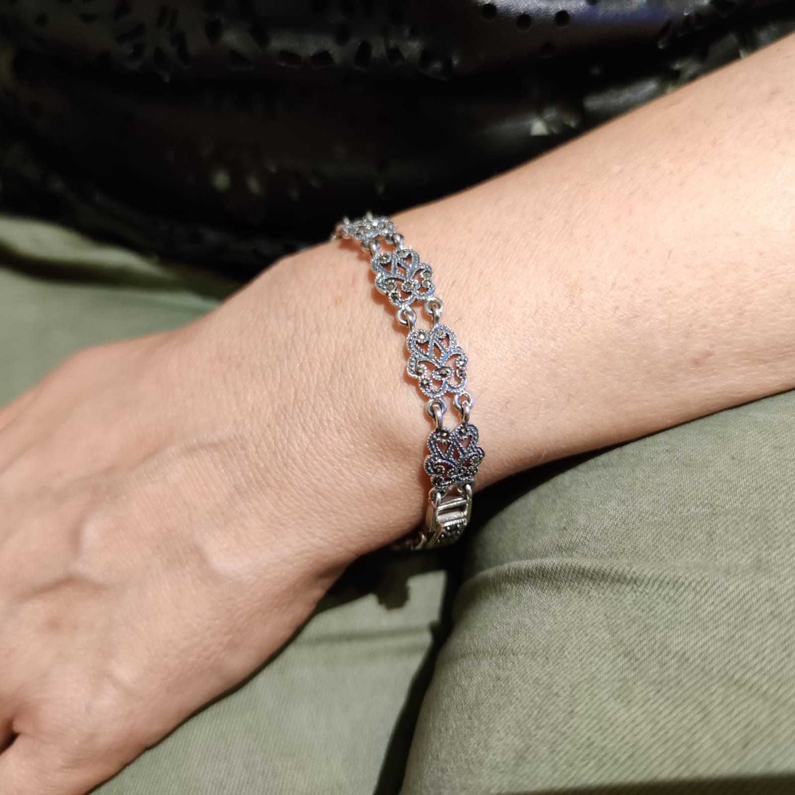 Pulsera calada de Plata envejecida con Piedras Marcasitas 4