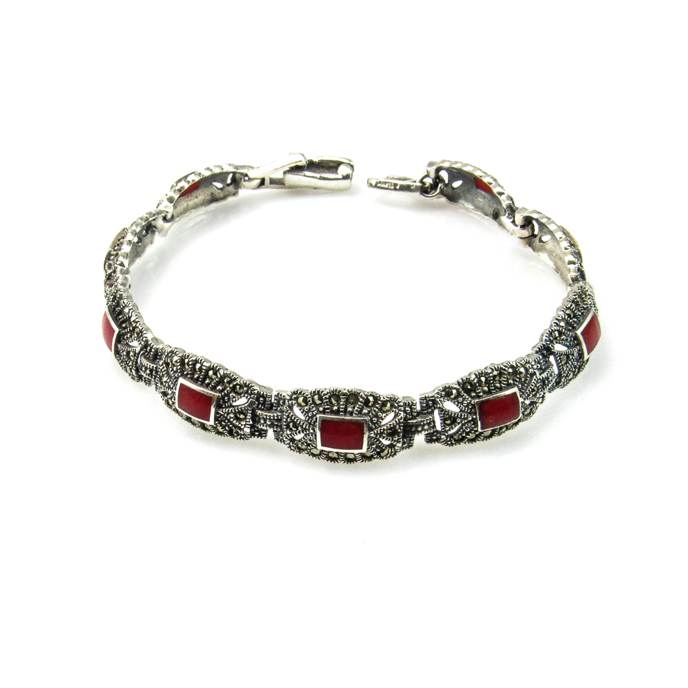Pulsera de Plata vieja con Marcasitas y esmalte rojo
