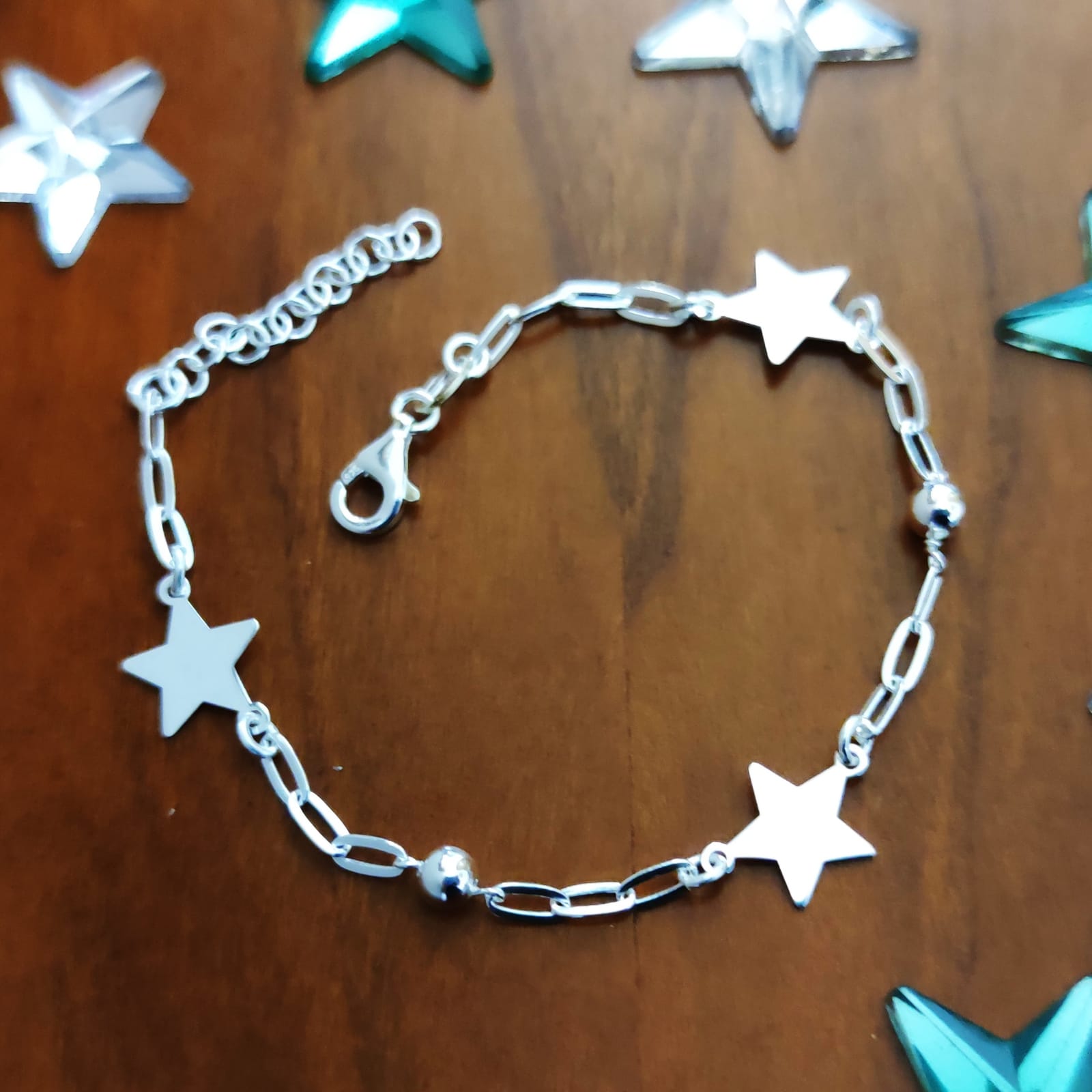 Pulsera estrellas y bolitas de Plata de ley