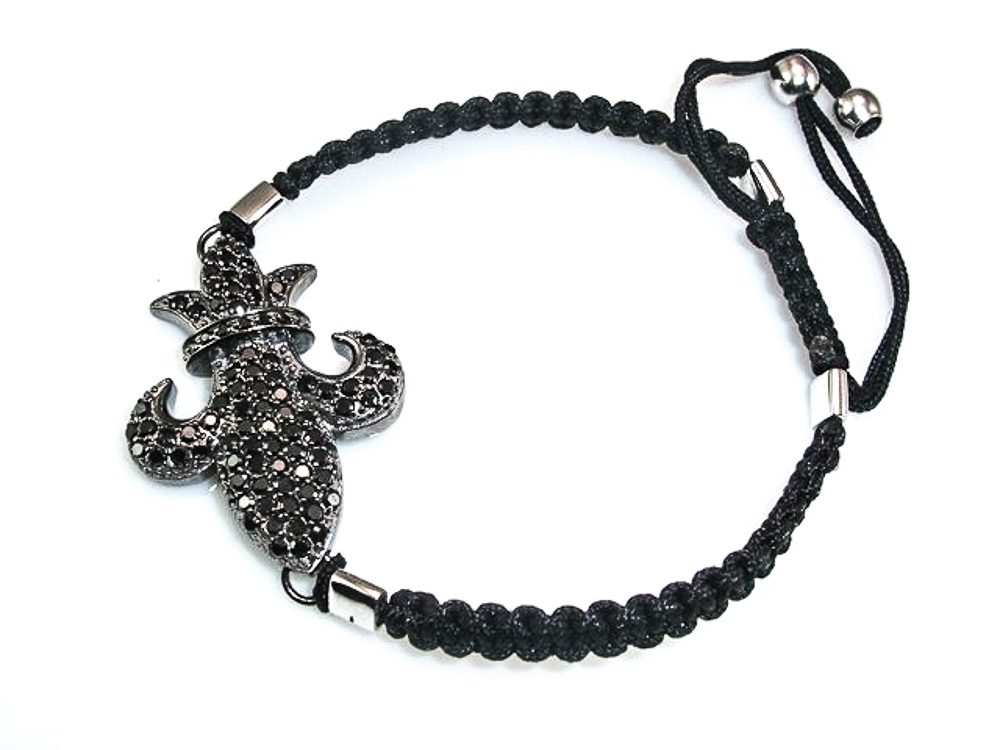 Pulsera Plata y Rutenio algodón Flor de Lys con Circonita Negra
