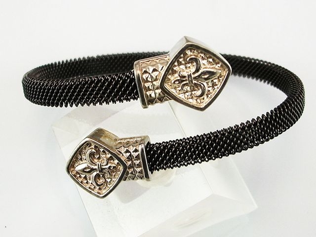 Pulsera de malla negra Acero y remates Plata Flor de Lys