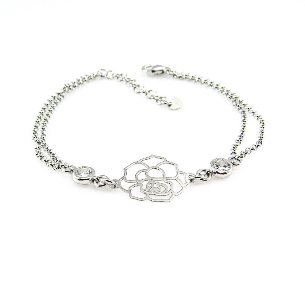 Pulsera con rosa de Plata rodiada y Circonitas