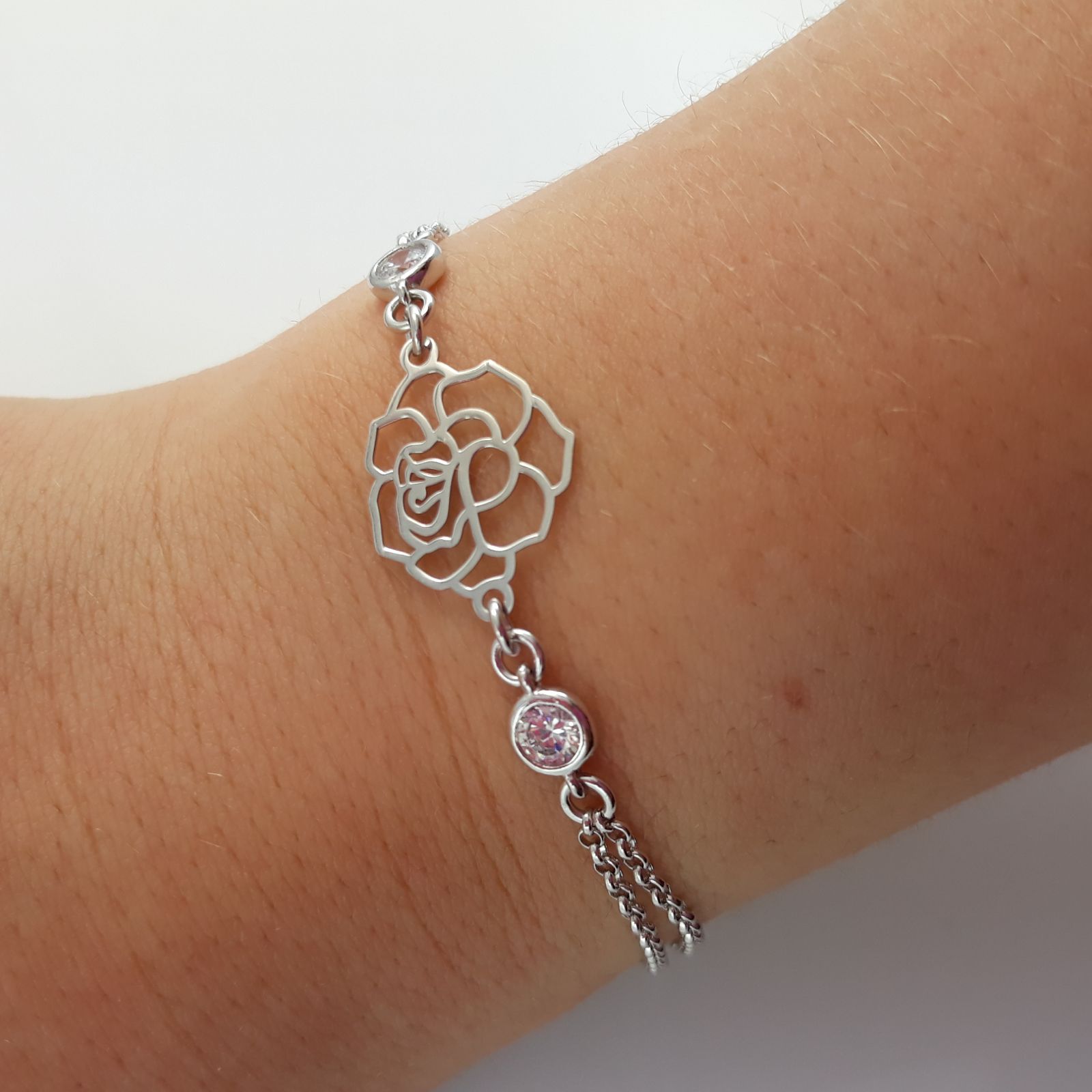 Pulsera con rosa de Plata rodiada y Circonitas 1