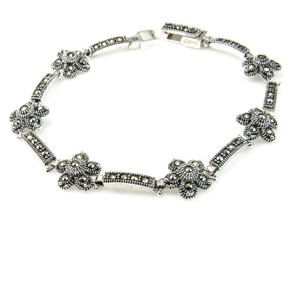 Pulsera flores de Plata de ley envejecida con Marcasitas