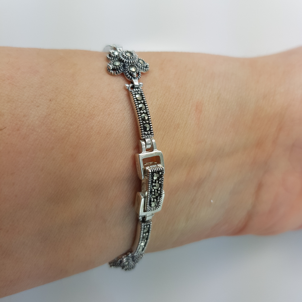 Pulsera flores de Plata de ley envejecida con Marcasitas 2