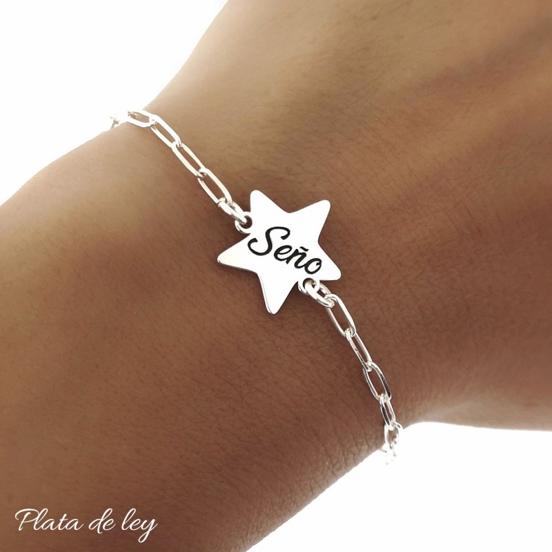Pulsera seño estrella y cadena alargada de Plata de ley 1