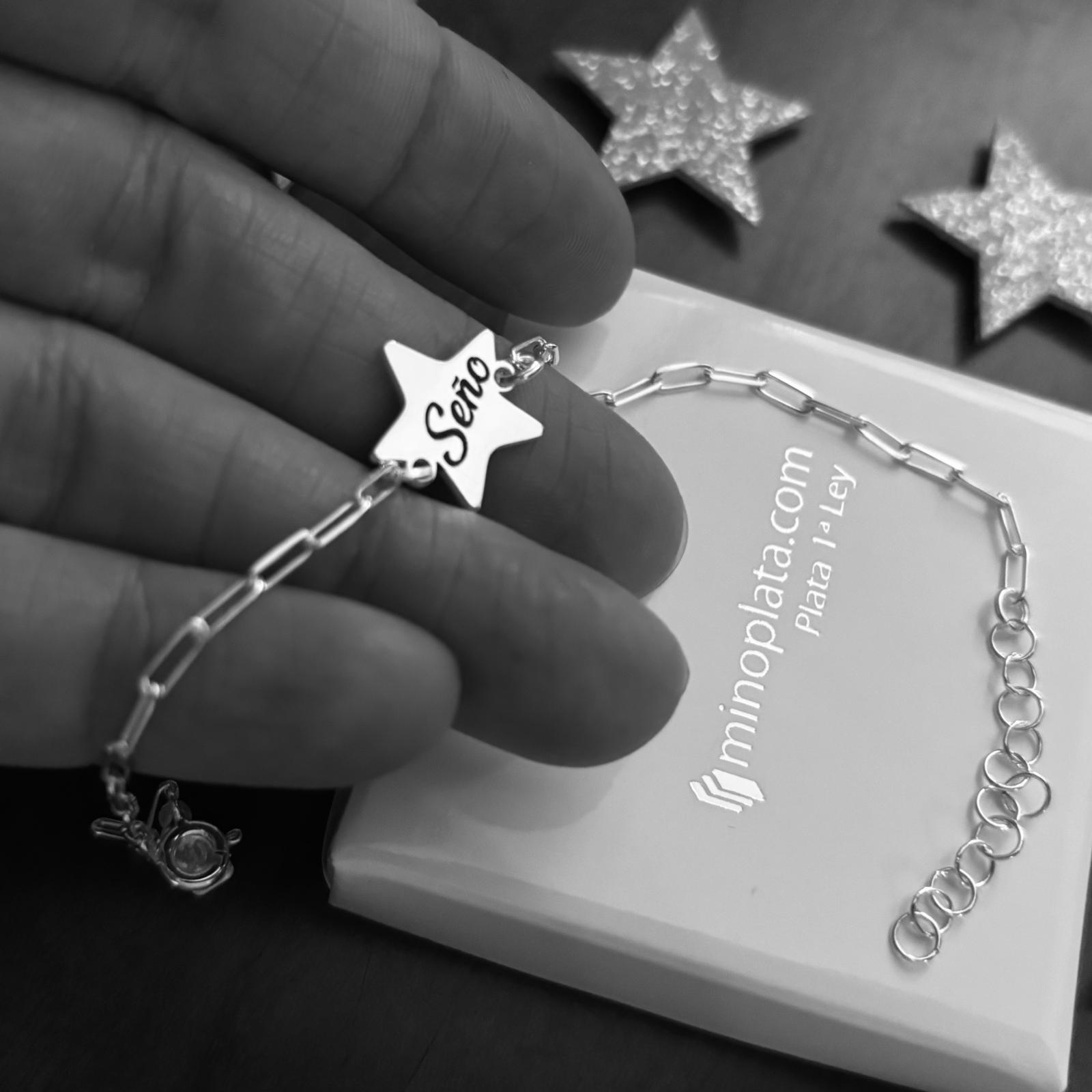 Pulsera seño estrella y cadena alargada de Plata de ley 2