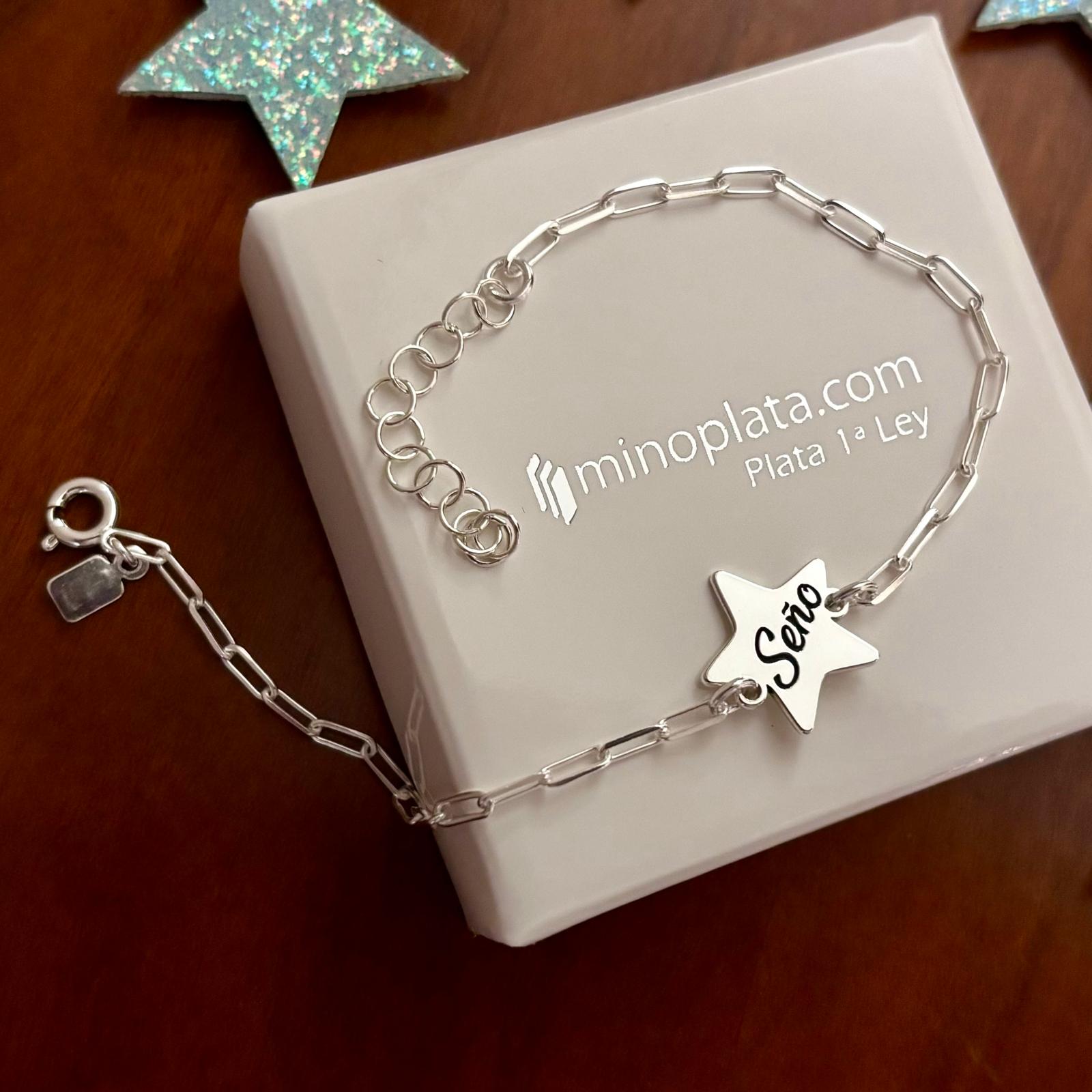 Pulsera seño estrella y cadena alargada de Plata de ley 3