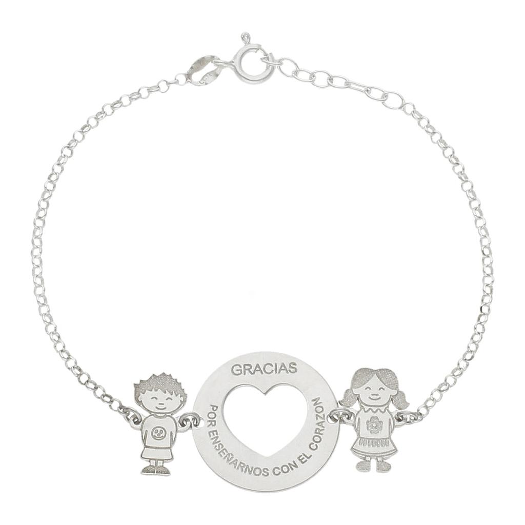 Pulsera corazón con niños personalizada de Plata de ley