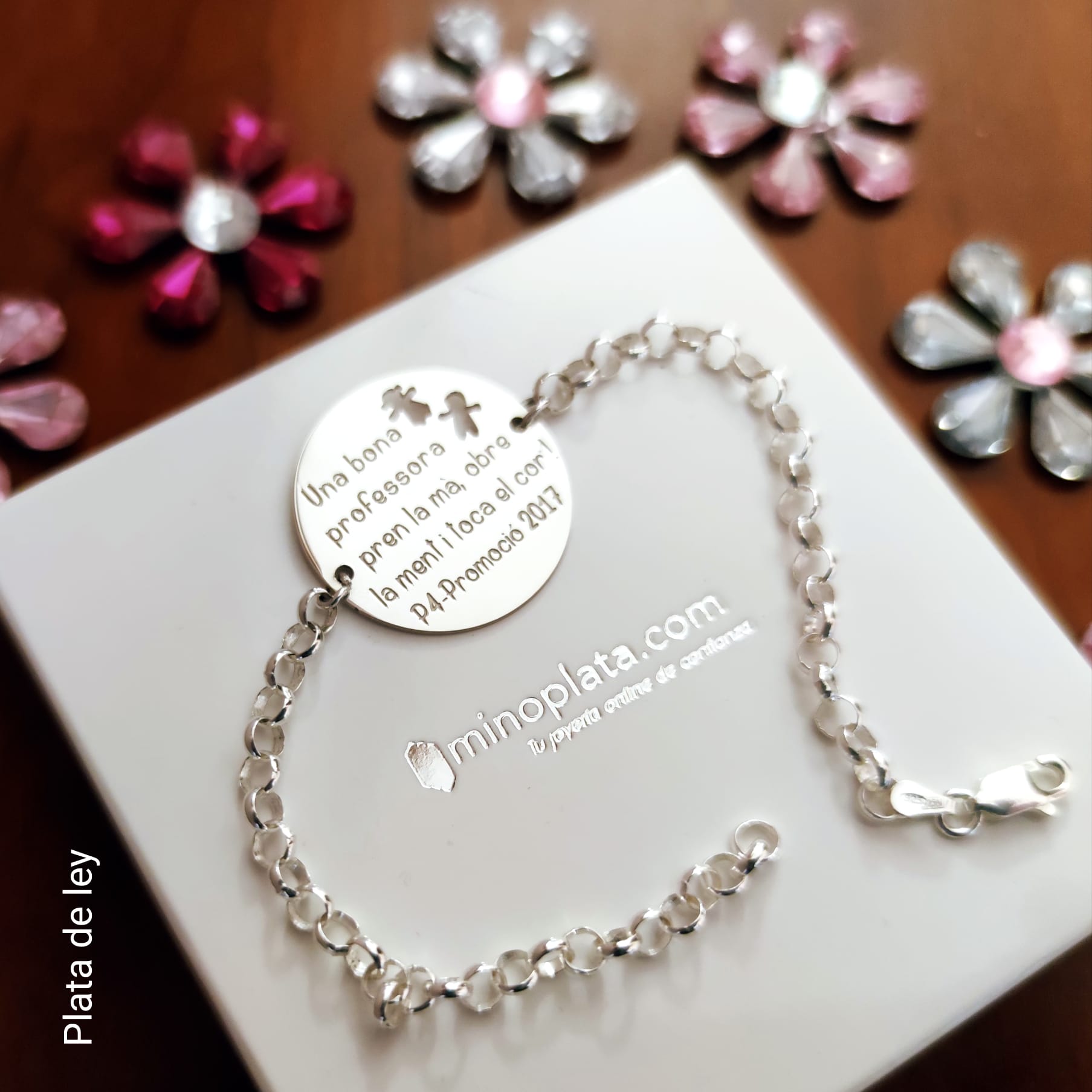 Pulsera niños y mensaje personalizado de Plata para maestras 1