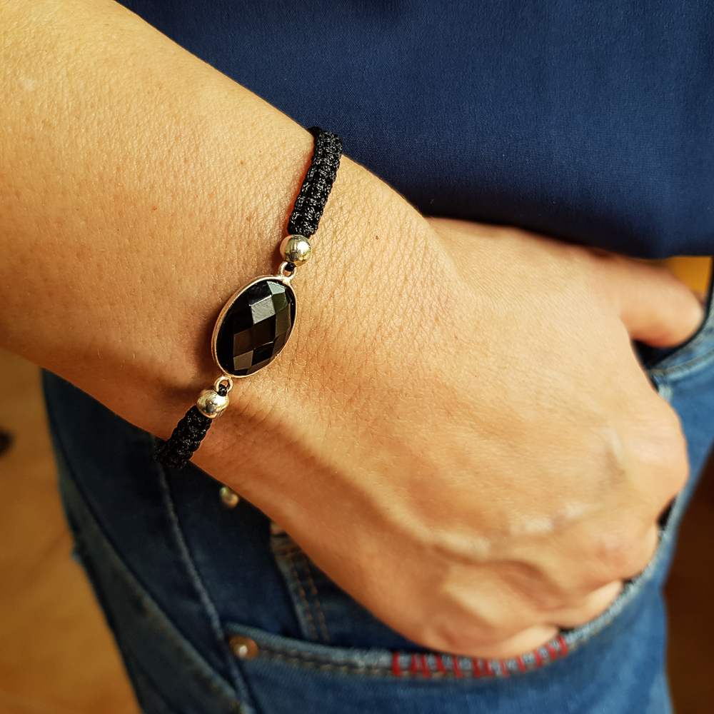 Pulsera ajustable trenzada con hilo negro y Plata de ley