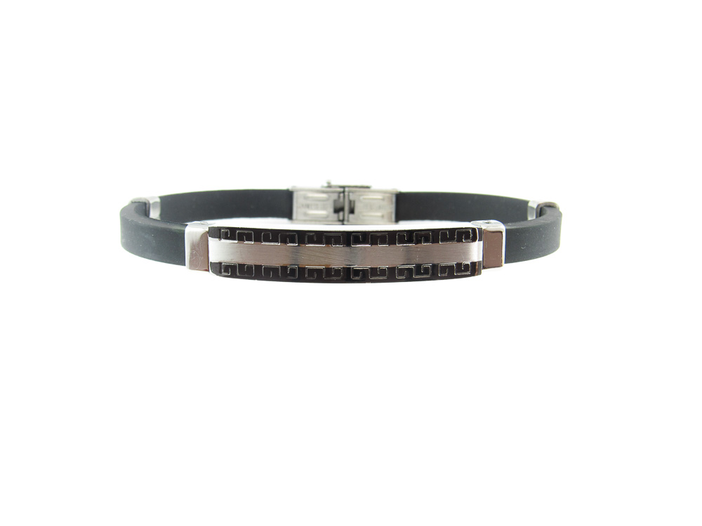 Pulsera de Acero y Caucho negro con placa decorada