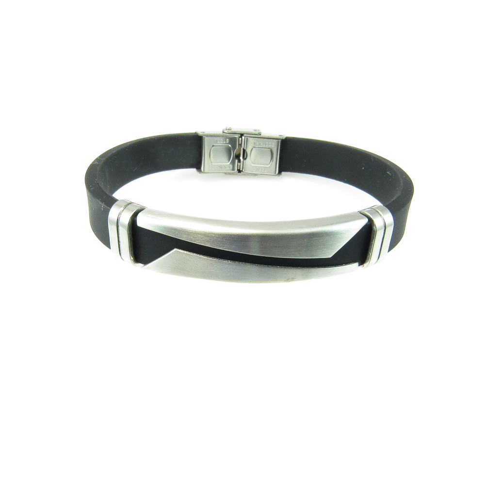 Pulsera de Caucho negro con Placa de Acero cortada
